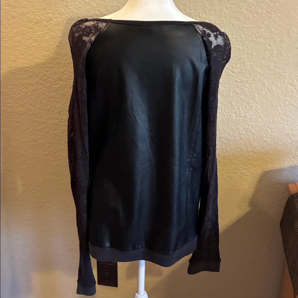 Hem and Thread faux leather top with lace sleeves. EUC - Picture 6 of 8